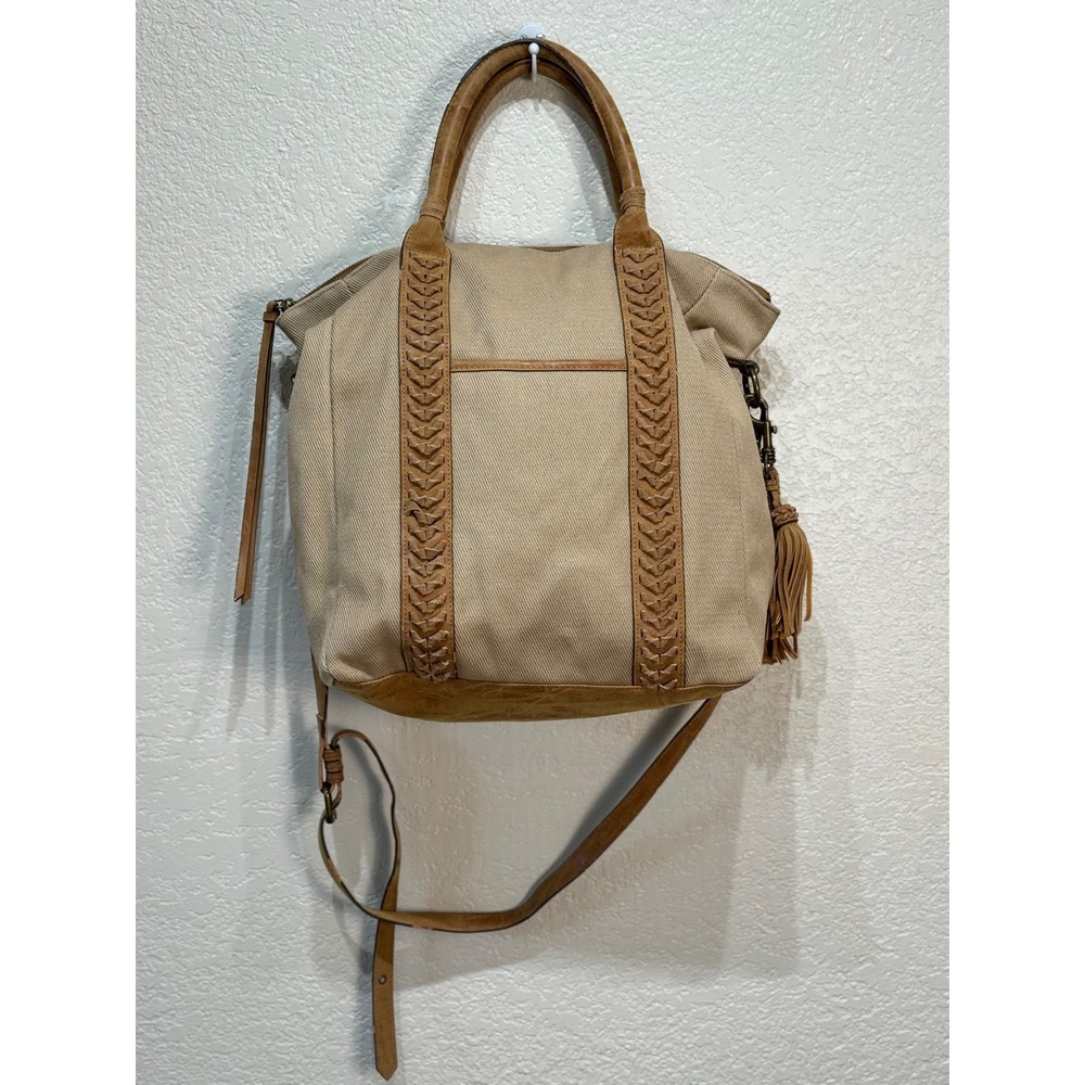 Sundance Elle Jae Gypset Tan Canvas‎ Leather Braided Tassel Crossbody Bag Purse